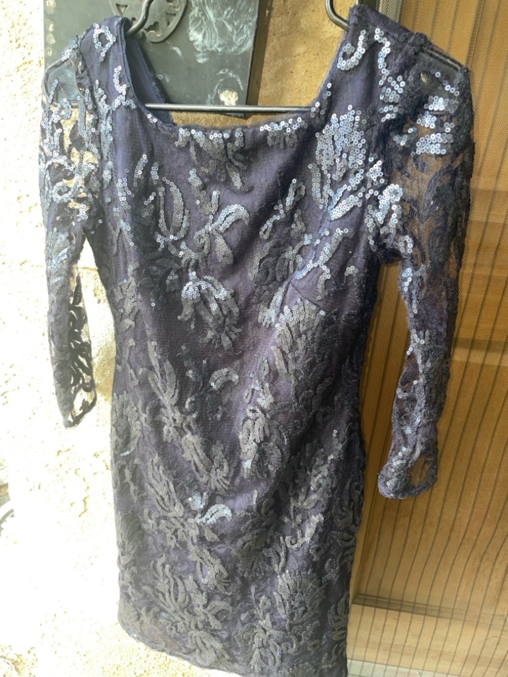 Adrianna Papell Navy Sequin Lace Long Sleeve Sheath dress